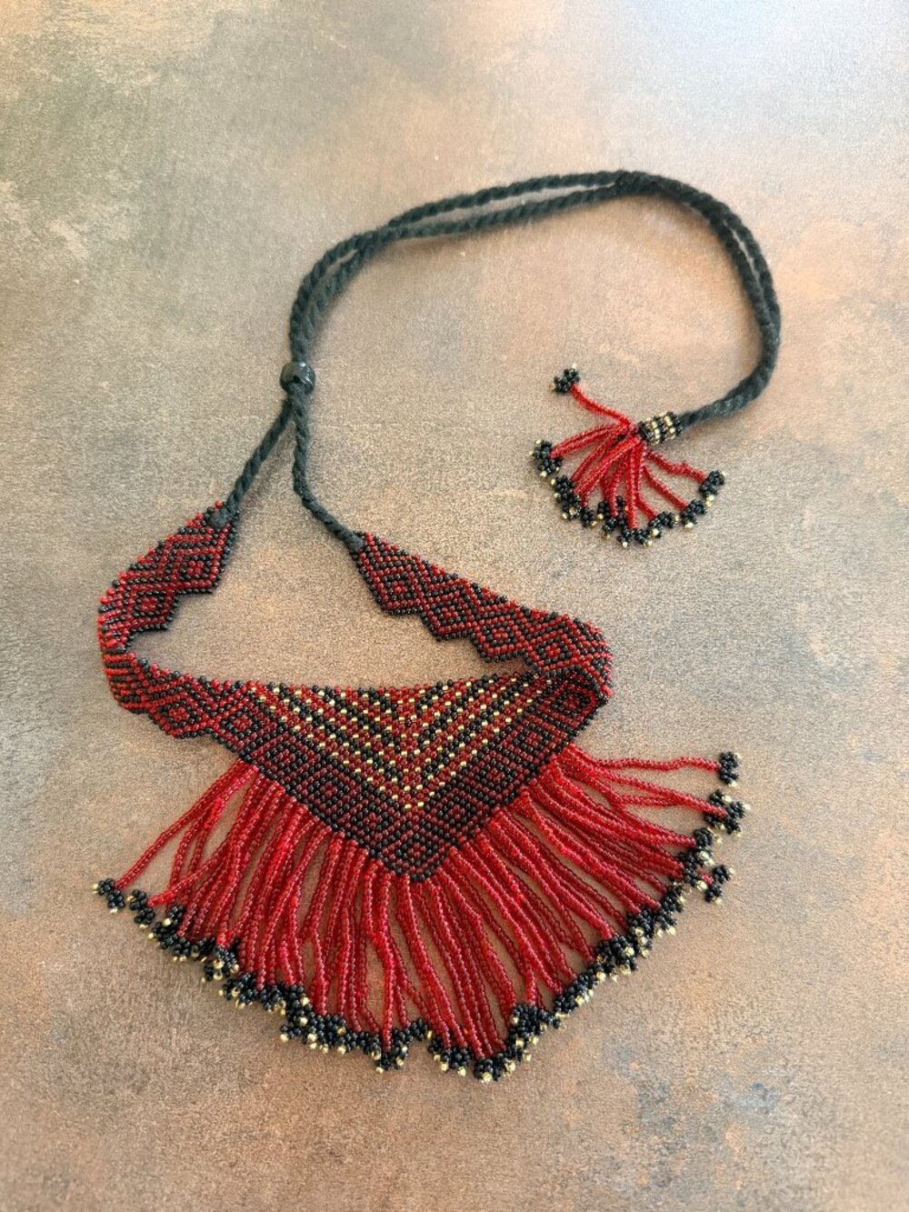 Fabindia Red & Black Seed Bead Fringe Statement Choker Necklace Like New